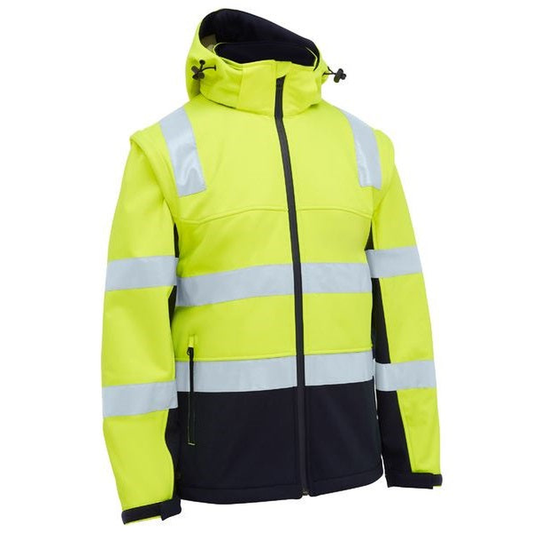 Detachable sleeves, yellow/navy with reflective tape, Bisley BJ6078T Taped Two Tone Hi Vis 3 In 1 Soft Shell Jacket, front view