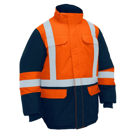 Hi vis orange/ navy, Bisley BJ6454HT H Taped Hi Vis Freezer Hooded Jacket, reflective tape, heavy duty, front view
