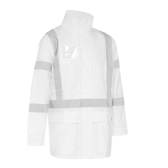 Mens white, Bisley BJ6968XT X Taped Shell Rain Jacket, storm flap heavy duty waterproof, front view