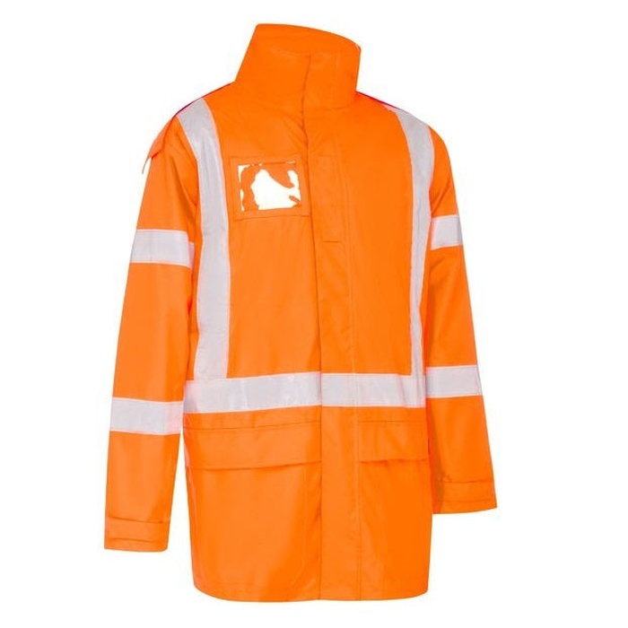 Rail orange, hi visability reflective tape, waterproof, Bisley BJ6968XT X Taped Shell Rain Jacket, front view