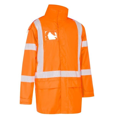 Rail orange, hi visability reflective tape, waterproof, Bisley BJ6968XT X Taped Shell Rain Jacket, front view