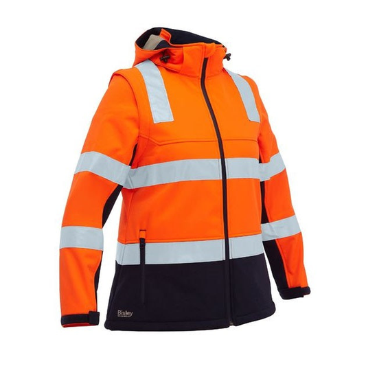 Bisley BJL6078T Womens Taped Two Tone HiVis 3 In 1 Soft Shell Jacket, Reflective tape, waterproof rating, front view, orange/navy