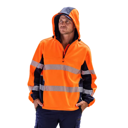 Bisley BK6571T FLX & Move™ Hi Vis Taped Liquid Repellent Fleece Hoodie, model view, orange/navy