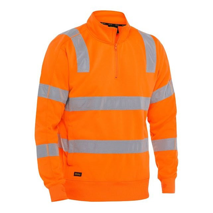 Rail orange, Bisley BK6814T Taped HiVis 1/4 Zip Pullover, hard wearing warm, front view