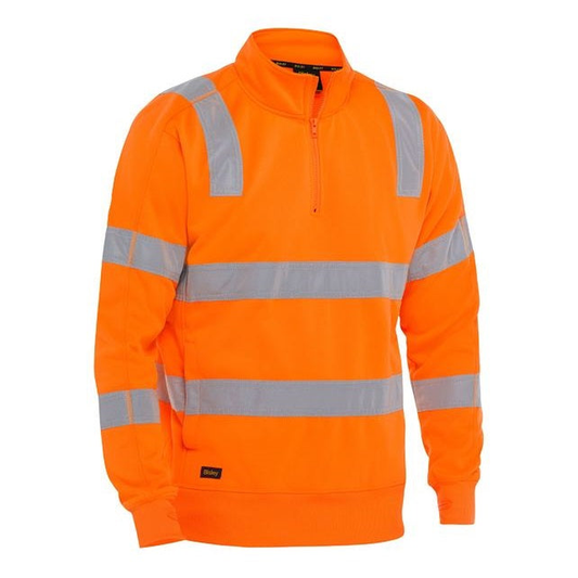 Rail orange, Bisley BK6814T Taped HiVis 1/4 Zip Pullover, hard wearing warm, front view
