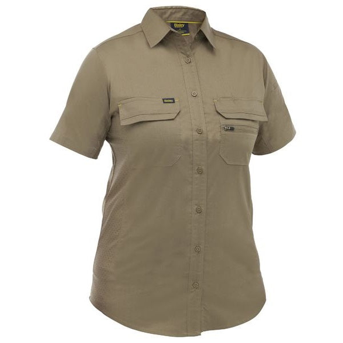 Khaki, moisture wicking, Bisley BL1490 Womens X Airflow™ Stretch Ripstop Shirt, front view