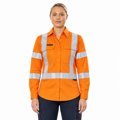 model view, front, orange, Bisley BL8439XT Apex 185 Womens X Taped HiVis Ripstop FR Vented Shirt