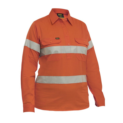 Orange, reflective tape hoop design, two front pockets, Bisley BLC6897T Womens Taped Hi Vis Cool Lightweight Closed Front Shirt