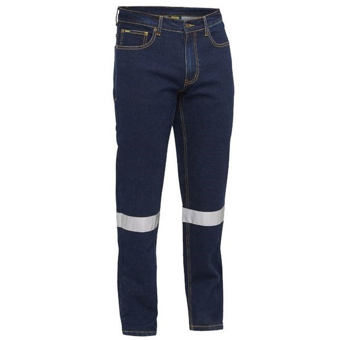 Dark blue denim, front view, reflective taped legs, Bisley BP6049T Taped Original Work Jeans