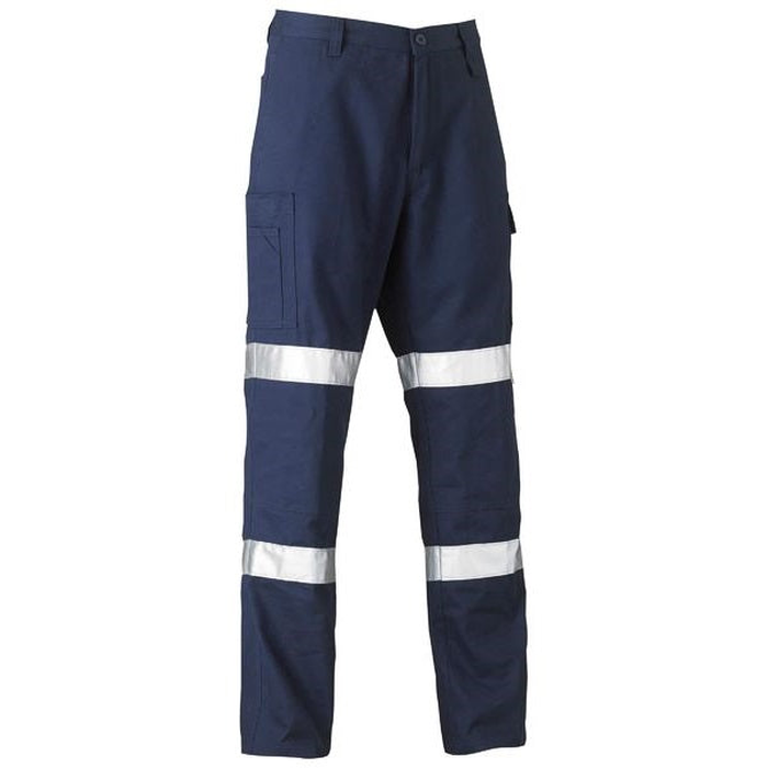 Navy blue with reflective hi vis tape, traditional fit, Bisley BP6899T Taped Biomotion Cool Lightweight Utility Pants, front view