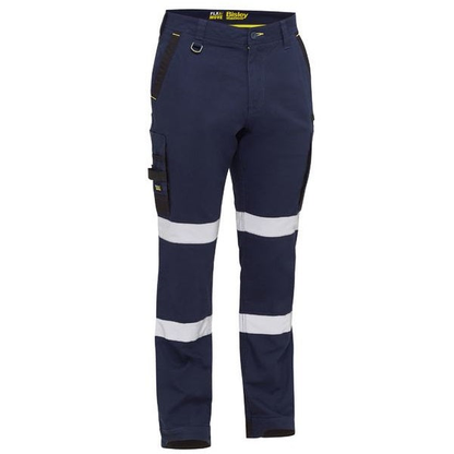 Navy blue with reflective tape, multiple utility pockets, comfortable, Bisley BPC6331T Flex And Move Stretch Utility Cargo Pants, front view