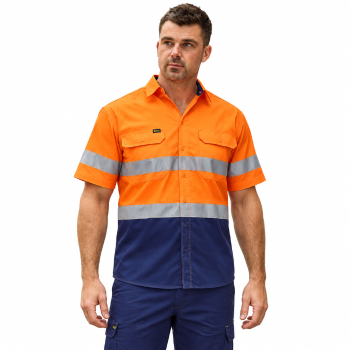 model view, Bisley BS1491T X Airflow™ Hi Vis Taped Stretch Ripstop Shirt, orange/navy