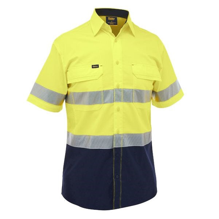 Bisley BS1491T X Airflow™ Hi Vis Taped Stretch Ripstop Shirt, lightweight, short sleeve, reflective tape, front view, yellow/navy