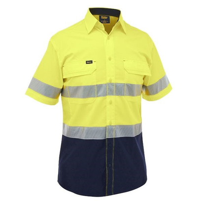 Bisley BS1491T X Airflow™ Hi Vis Taped Stretch Ripstop Shirt, lightweight, short sleeve, reflective tape, front view, yellow/navy