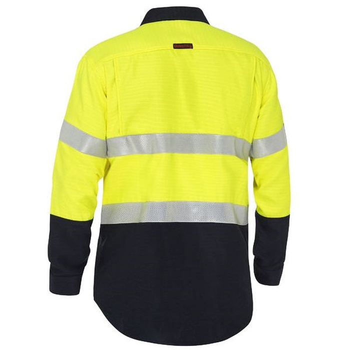 Bisley BS8438T Apex 185 Taped HiVis FR Ripstop Vented Shirt, yellow/navy, rear view