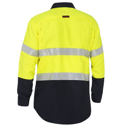 Bisley BS8438T Apex 185 Taped HiVis FR Ripstop Vented Shirt, yellow/navy, rear view