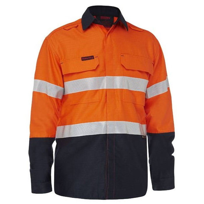 Orange/navy high visibility, double front pockets, Bisley BS8438T Apex 185 Taped HiVis FR Ripstop Vented Shirt, front view