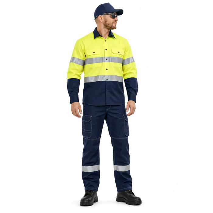 front model view, yellow/navy, Bisley BS8438T Apex 185 Taped HiVis FR Ripstop Vented Shirt