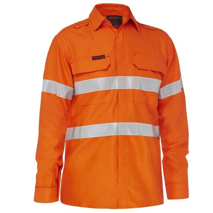 Orange hi visibility, flame resistant, Bisley BS8439T Apex 185 Taped HiVis FR Ripstop Vented Shirt, front view