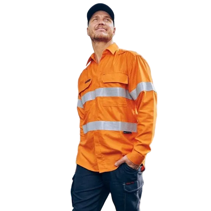 model view, orange, Bisley BS8439T Apex 185 Taped HiVis FR Ripstop Vented Shirt