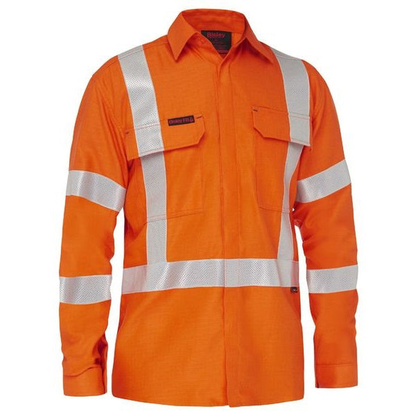 Flame resistant, hi visability orange, NSW rail, front view, Bisley BS8439XT Apex 185 X Taped HiVis FR Ripstop Vented Shirt