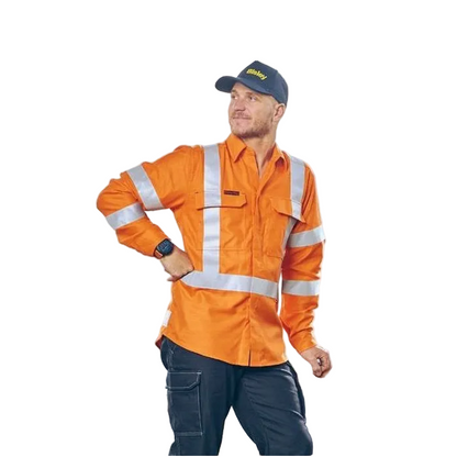 Model front view, Bisley BS8439XT Apex 185 X Taped HiVis FR Ripstop Vented Shirt