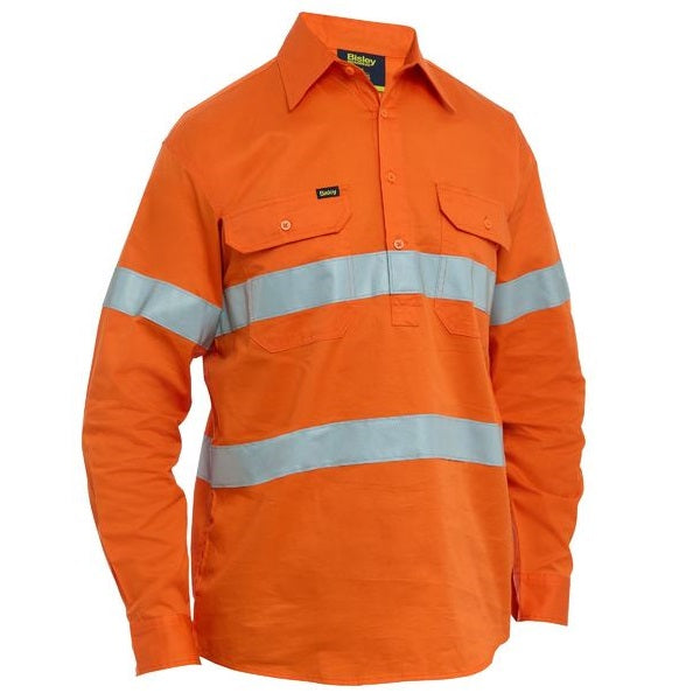 Mens orange, preshrunk, reflective tape hoop design, hard wearing, Bisley BSC6897T Taped Hi Vis Cool Lightweight Closed Front Shirt, front view