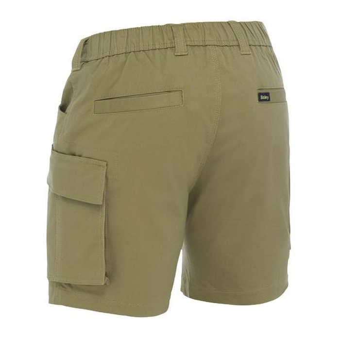 khaki, rear view, Bisley BSHC1018 Stretch Cotton Elastic Waist Cargo Shorts