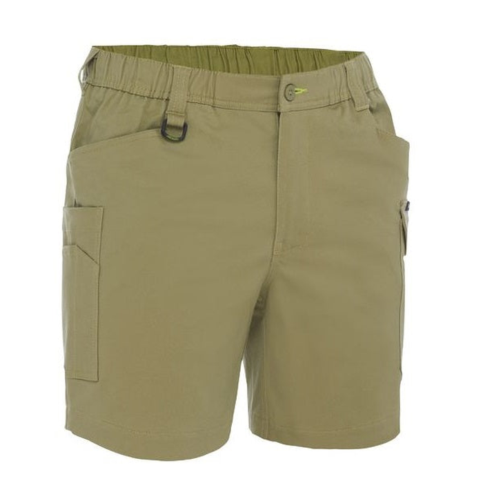 Mens Khaki, modern fit, Bisley BSHC1018 Stretch Cotton Elastic Waist Cargo Shorts, front view