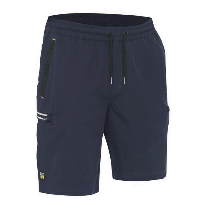 Navy blue with reflective strip on sides, Bisley BSHC1333 Flex and Move 4-Way Stretch Elastic Waist Cargo Shorts, front view