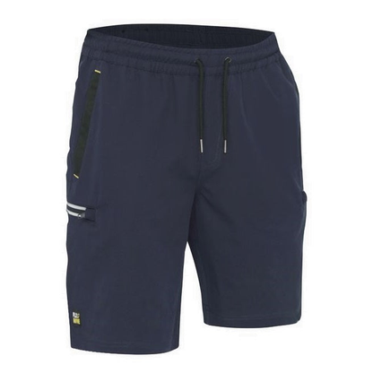 Navy blue with reflective strip on sides, Bisley BSHC1333 Flex and Move 4-Way Stretch Elastic Waist Cargo Shorts, front view