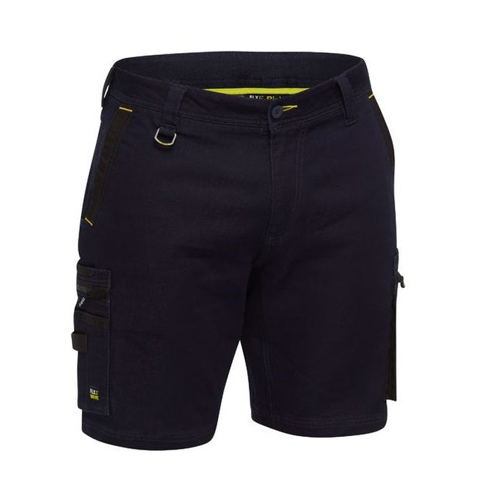 Denim navy blue, multiple pockets, classic cargo work shorts, Bisley BSHC1335 Flex And Move Stretch Zip Cargo Shorts, front view