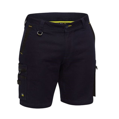 Denim navy blue, multiple pockets, classic cargo work shorts, Bisley BSHC1335 Flex And Move Stretch Zip Cargo Shorts, front view