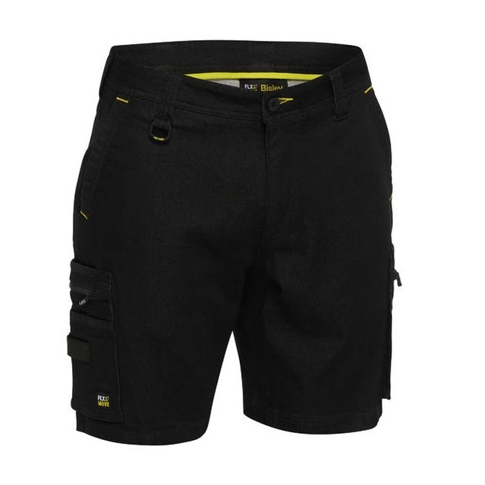 Bisley BSHC1335 Flex And Move Stretch Zip Cargo Shorts, black, modern fit, front view