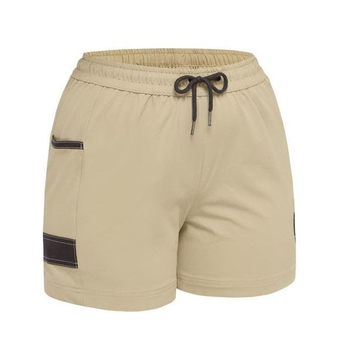 Stone beige, Bisley BSHL1331 Womens Flex And Move 4-way Stretch Elastic Waist Short, side pockets, breathable, front view