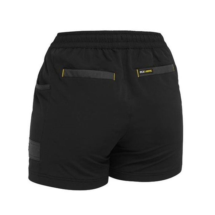 Bisley BSHL1331 Womens Flex And Move 4-way Stretch Elastic Waist Short, worksite shorts, rear view, black