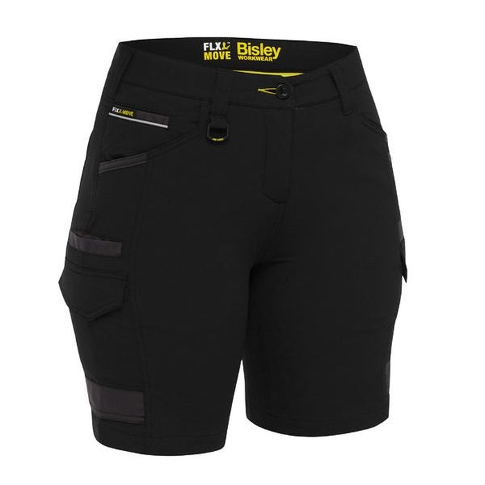 Modern, multiple utility pockets, Bisley BSHL1332 Womens Flex And Move 4-way Stretch Zip Cargo Short, black, front view