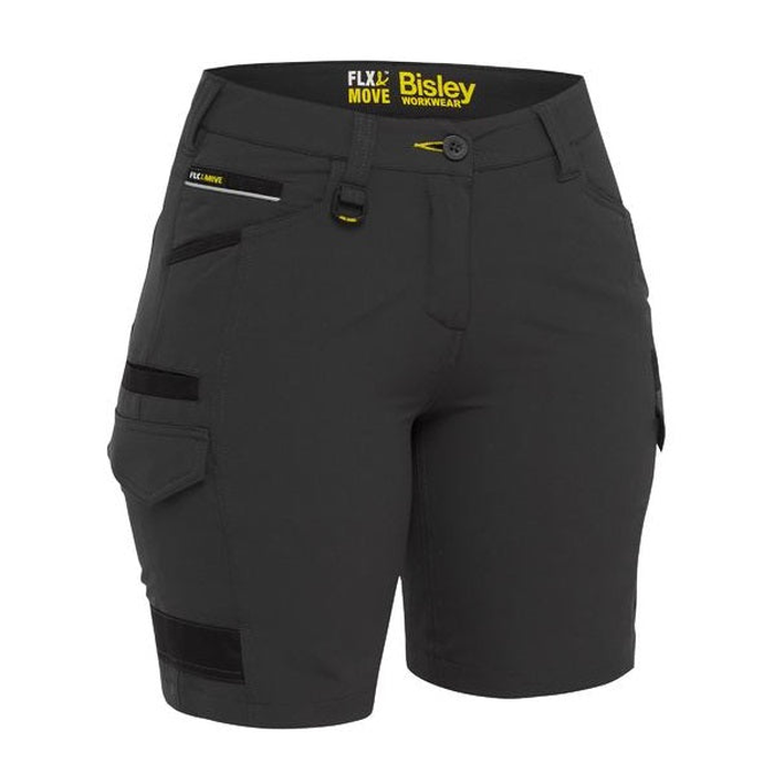 Charcoal grey, comfortable, Bisley BSHL1332 Womens Flex And Move 4-way Stretch Zip Cargo Short, front view
