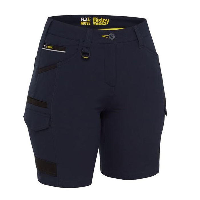 Bisley BSHL1332 Womens Flex And Move 4-way Stretch Zip Cargo Short navy front view, classic workwear shorts 