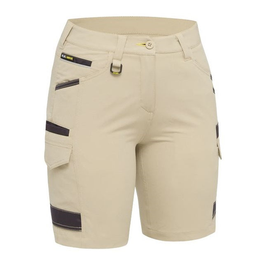 Stone beige, classic worksite cargo shorts,  front view, Bisley BSHL1332 Womens Flex And Move 4-way Stretch Zip Cargo Short