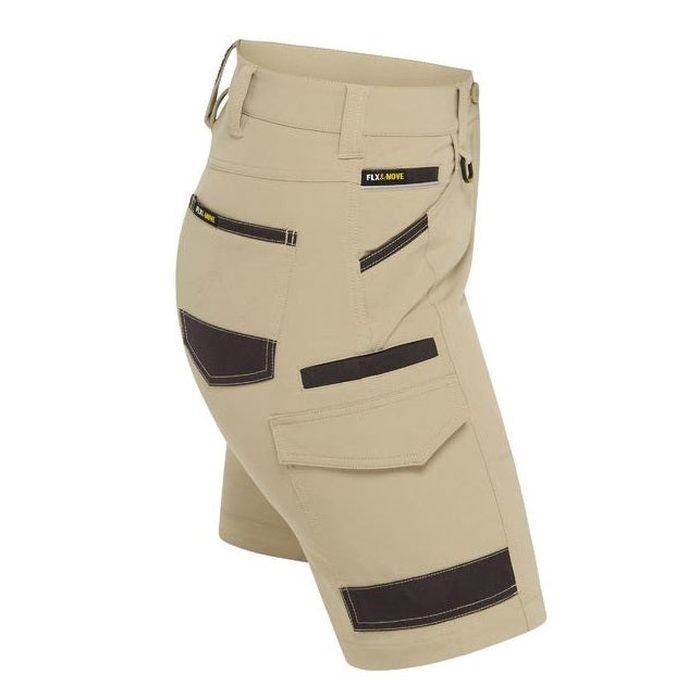 Side view of stone coloured, Bisley BSHL1332 Womens Flex And Move 4-way Stretch Zip Cargo Short