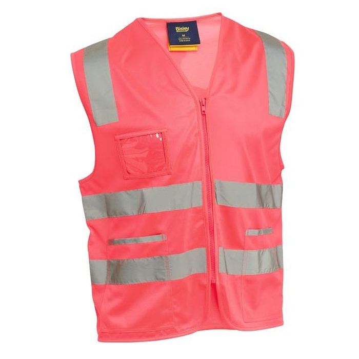 Hi visibility, pink, zip up, Bisley BV0341T Taped Hivis Safety Zip Vest, front view