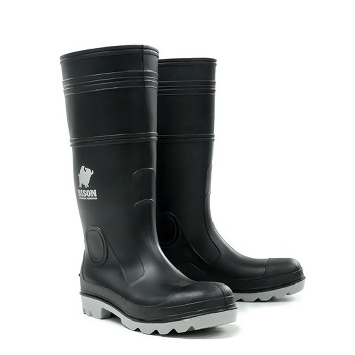 Pair view of black mens industrial, Bison INCAGSBKGY Gumboot PVC Safety, with arch sport 