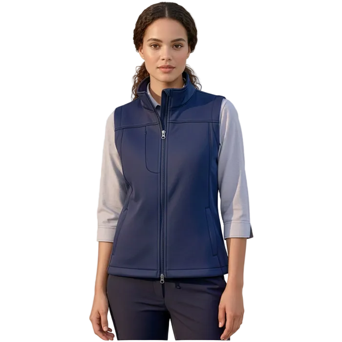 Model view, navy, Biz Collection J29123 Ladies Soft Shell Vest