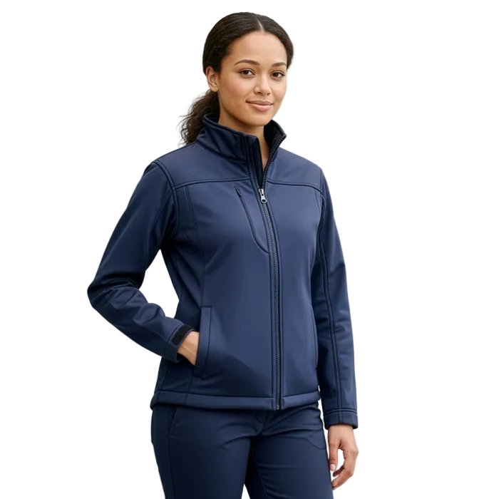 Model view, navy, Biz Collection J3825 Ladies Softshell Jacket