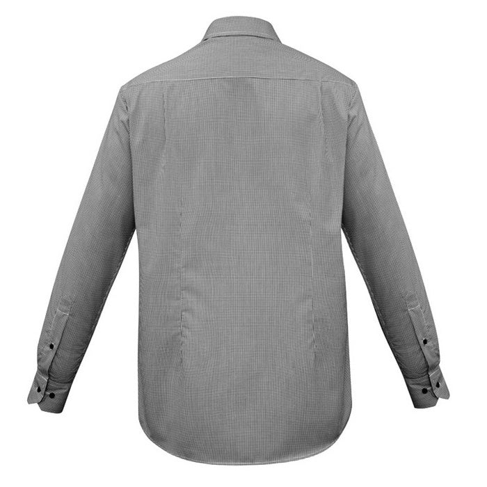Mens black everyday professional shirt contrasting black buttons curved hem shoulder pleat for comfort Biz Collection S267ML Edge Mens Long Sleeve Shirt