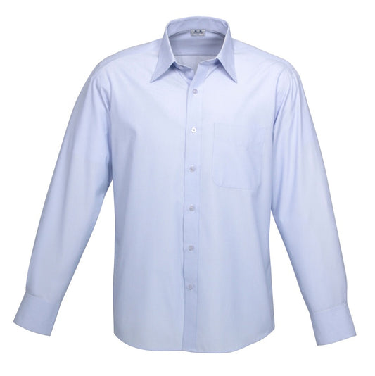 Mens light blue and white fine stripe easy care wrinkle resistant easy iron long wearing everyday professional corporate office wear classic fit UPF Rated