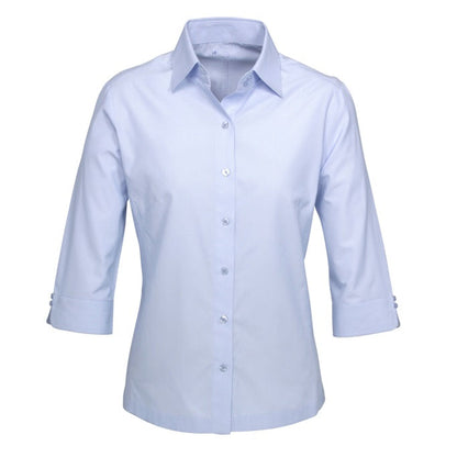 Womens light blue pale blue 3/4 sleeve buttoned detail on the cuffs professional corporate  shirt, workwear. hospitality uniform, administration uniform, professional office wear, easy care shirt, wrinkle resistant shirt, UPF 50+ shirt, semi fitted shirt, corporate apparel, staff uniforms