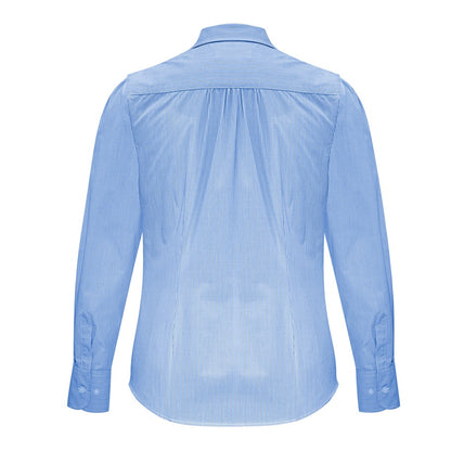 womens long sleeve light blue and white fine striped peaked shoulders gathered back flattering professional corporate and dress shirt. 