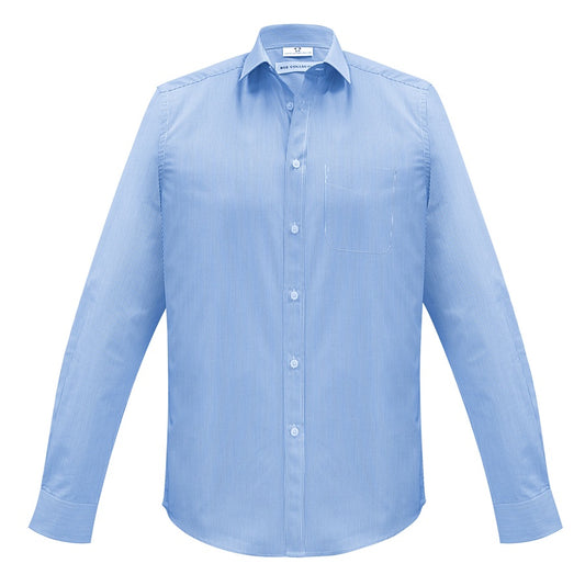 Mens light blue and white fine striped premium professional corporate shirt button down with cuffs men's business shirt, long sleeve corporate shirt, office shirt, workwear shirt, hospitality uniform, corporate uniform, striped business shirt with chest pocket and UPF rating